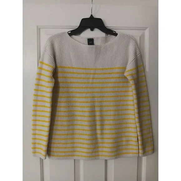 Gap Stripe Shaker‎ Sweater Yellow Cream Knit Women's Medium Merino Wool Pullover - Picture 2 of 9